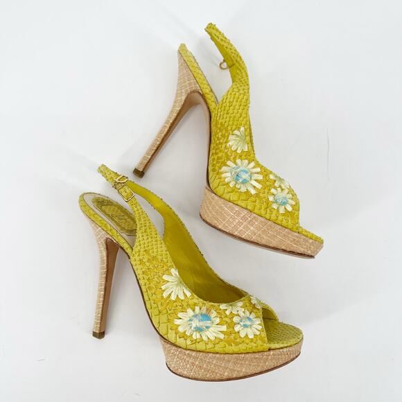 Dior Yellow Python Snakeskin Raffia Embroidered Slingback Platform Heels EU 38 - Picture 3 of 12